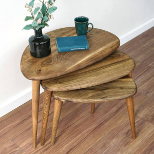 Solid Nesting Table Set of 3- Walnut Mid Century Pebble Tables with Tapered Legs